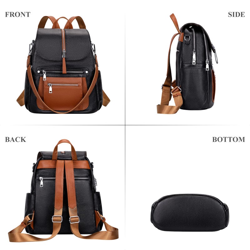 ALTOSY Leather Backpack Purse for Women Fashion Casual Handbag with Multi Pockets and Flap (S107 Black/Brown) - Image 4
