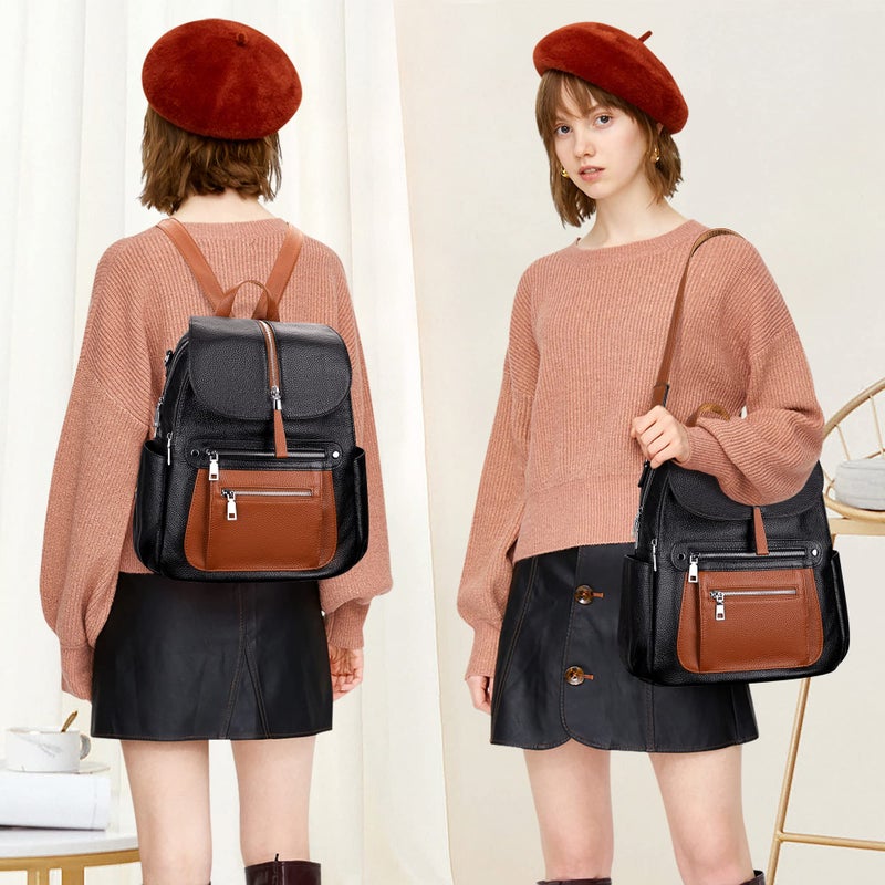 ALTOSY Leather Backpack Purse for Women Fashion Casual Handbag with Multi Pockets and Flap (S107 Black/Brown) - Image 3