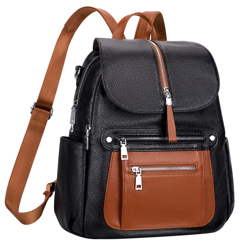 ALTOSY Leather Backpack Purse for Women Fashion Casual Handbag with Multi Pockets and Flap (S107 Black/Brown) - Image 2