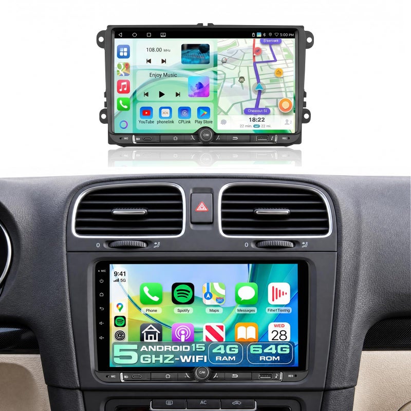 Podofo 4G64G Car Radio Stereo for VW Passat Jetta Tiguan Golf MK5 MK6 T5 Polo with Wireless CarplayAndroid Auto9 Inch IPS Touch Screen Android 15 GPS Head Unit 5GhzWiFi Bluetooth DSP Mic HD Rear Camera - Image 2