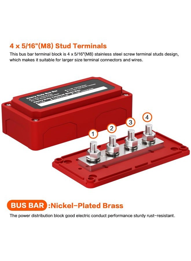 AMOMD 2pcs 300A Bus Bar Box Nickel Plated Brass Power Distribution Block with 4xM8 (5/16 inch) Positive Negative Ground Battery Junction Block Buss Bar with Cover DC12 24 48V（Red & Black） - Image 2