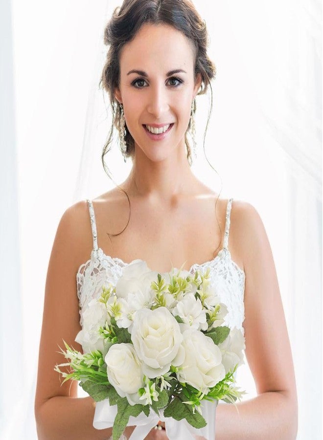 CYANLUX Wedding Bouquets for Bride Bridesmaid Bouquet Champagne White Artificial Roses Flowers for Wedding Valentine's Day Church Home Decoration (White)… - Image 4