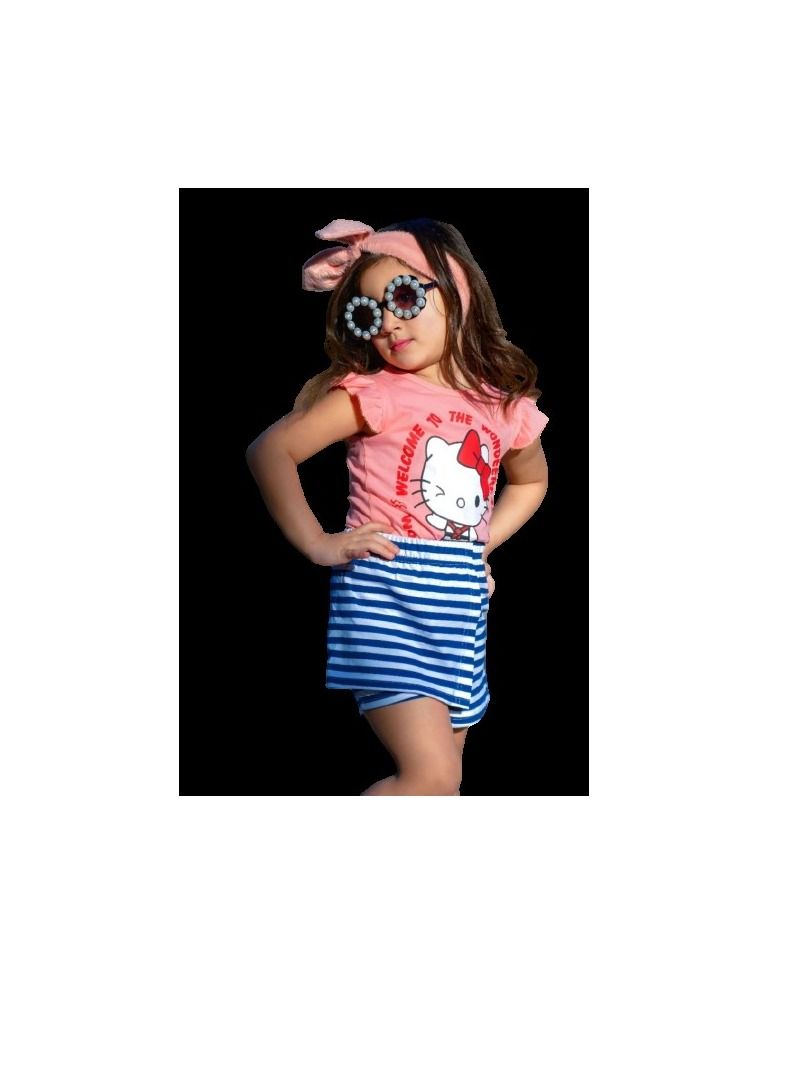 Girls' two-piece set, T-shirt and striped shorts  - Image 1