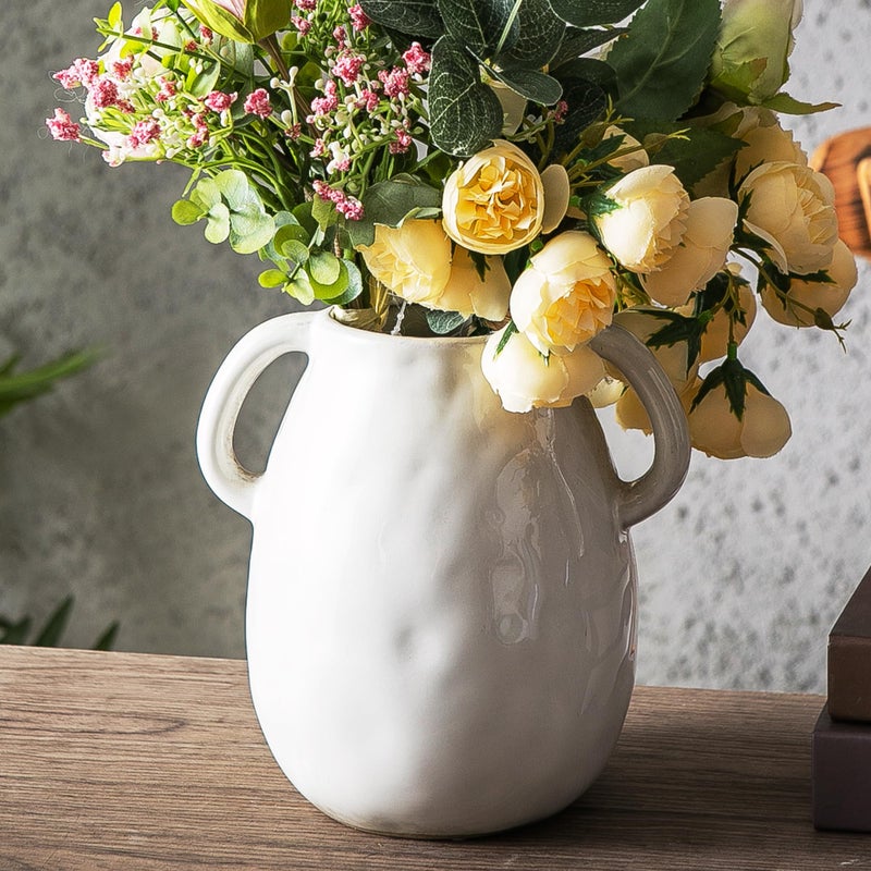 Kimdio White Ceramic Vase with 2 Handles  Modern Farmhouse Vase for Home Decor  Rustic Pottery Vase  Decorative Terracotta Flower Vase  Clay Small Vase  Centerpieces for Dining Table - Image 1