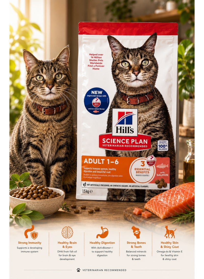 Hills Adult 1–6 Dry Cat Food – Salmon Recipe for Adult Cats – Supports Immunity, Healthy Digestion & Lean Muscles – 1.5kg - Image 1