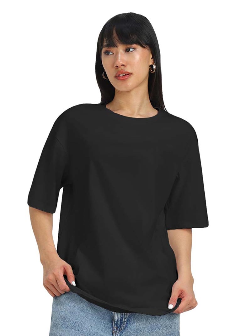 JUNEBERRY® Pure Cotton Oversized Baggy Fit Drop Shoulder Plain Solid Black T-Shirt for Women (OS_J_Black_XXL) - Image 1