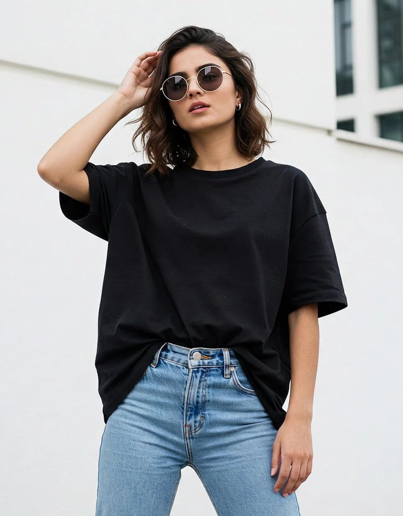 JUNEBERRY® Pure Cotton Oversized Baggy Fit Drop Shoulder Plain Solid Black T-Shirt for Women (OS_J_Black_XXL) - Image 2