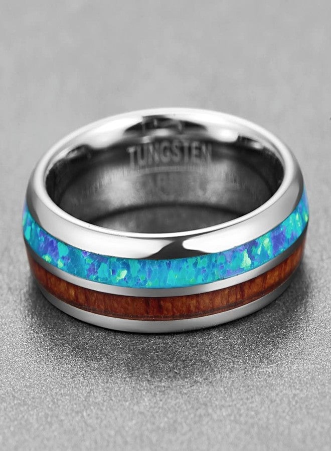 Corato 6MM Mens Blue Created Opal Tungsten Rings with Hawaiian Koa Wood Inlaid Domed Wedding Bands Size 12 - Image 3