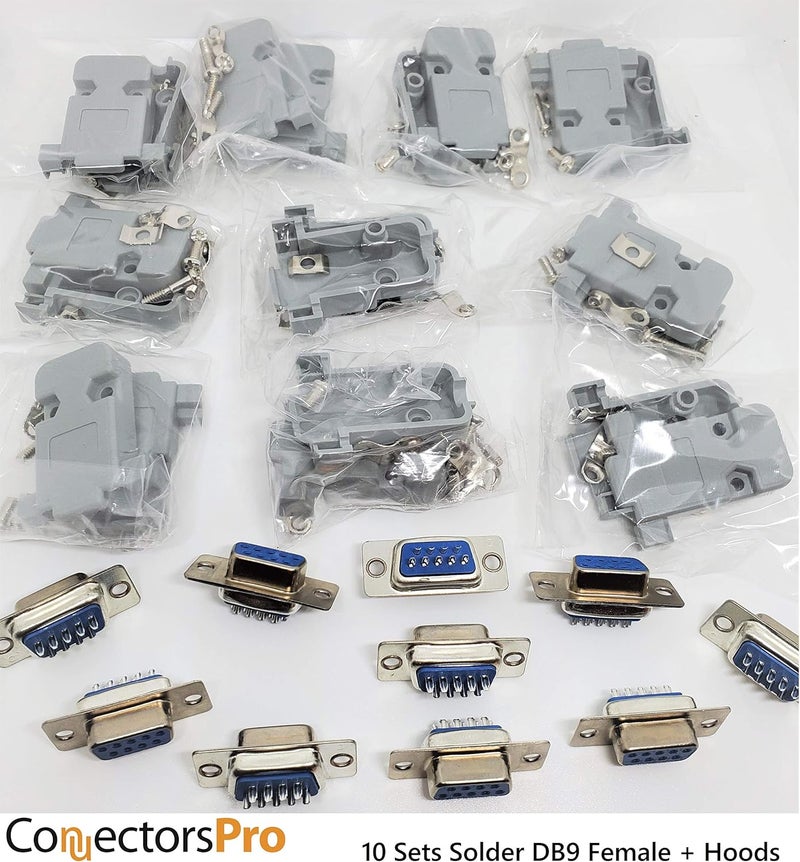 Connectors Pro Pc Accessories - 10 Sets Solder Cup DB9 Female + Plastic Hoods, 9 Pins D-Sub Connector & Hood Set, 20-Pack (10 DB9 Females + 10 Hoods) Advanced minimal build - Image 2