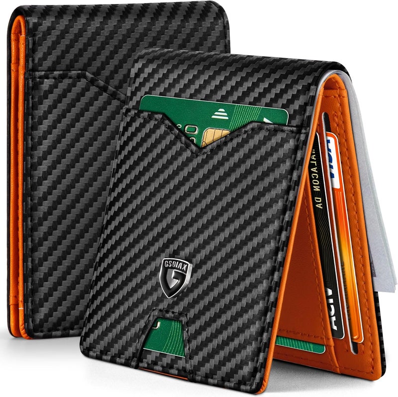GSOIAX Slim Wallet for Men with 11 card Slots Rfid Blocking Carbon Fiber wallets Bifold Credit Card Holder Minimalist Leather With Gift Box (Carbon Black and Orange) - Image 1