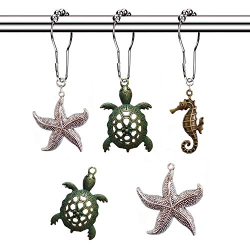 Molika Molika Shower Curtain Hooks Rings  Rustproof Metal Curtain HangersStarfish Seahorse Turtle Decorative Bath Room Animal Accessories Set  Creative Ocean Cartoon Theme Bathroom Decor 12PCS
