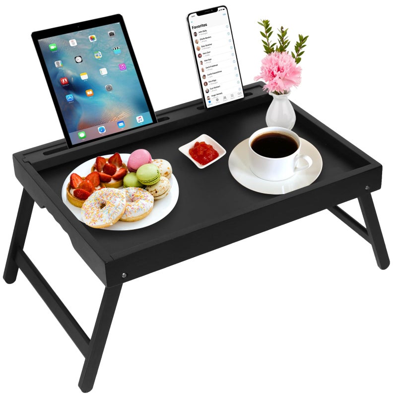 Bed Tray Table with Handles Folding LegsBamboo Breakfast Food Tray with Media SlotUse As PlatterLaptop DeskSnackTV Tray Kitchen Serving Tray Black Large