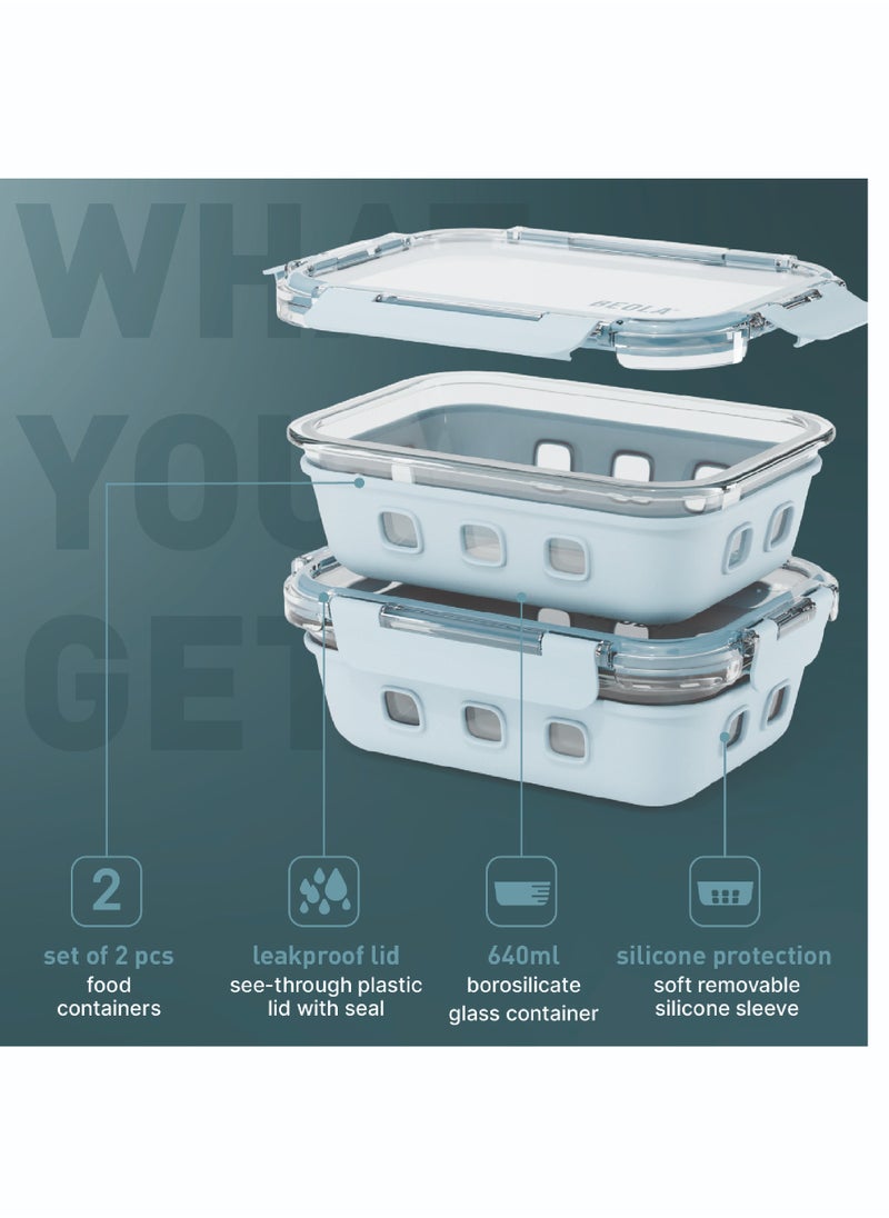 BEOLA Set of 2 Glass Food Storage Containers with Airtight Lids and Silicone Protection, Leakproof Food Organizer, Freezer, Dishwasher, Microwave Safe, Kitchen Organizer for Food (640ml, Ice Blue)  - Image 2