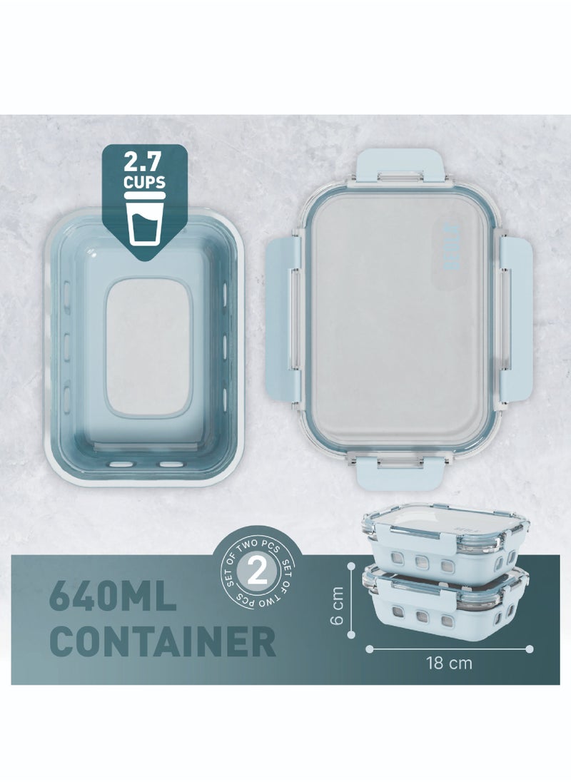 BEOLA Set of 2 Glass Food Storage Containers with Airtight Lids and Silicone Protection, Leakproof Food Organizer, Freezer, Dishwasher, Microwave Safe, Kitchen Organizer for Food (640ml, Ice Blue)  - Image 3