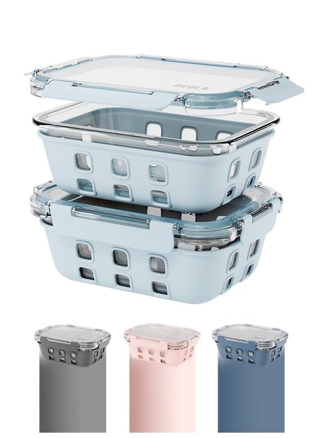 BEOLA Set of 2 Glass Food Storage Containers with Airtight Lids and Silicone Protection, Leakproof Food Organizer, Freezer, Dishwasher, Microwave Safe, Kitchen Organizer for Food (640ml, Ice Blue)  - Image 1