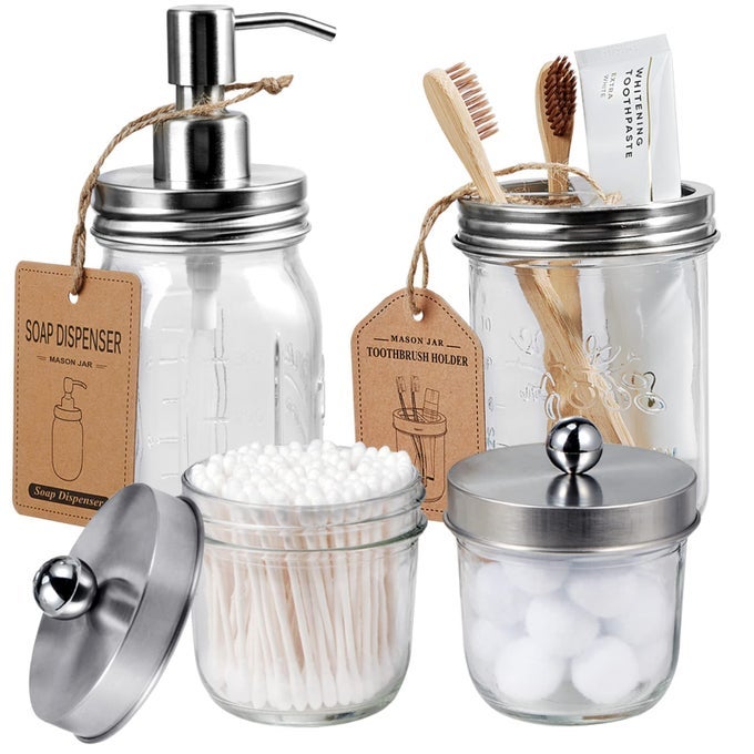 MASON JAR BATHROOM ACCESSORIES SET4 PACK LOTION SOAP DISPENSERQTIP HOLDER SETTOOTHBRUSH HOLDERRUSTIC FARMHOUSE DECOR APOTHECARY JAR BATHROOM COUNTERTOPVANITY ORGANIZE BRUSHED NICKEL