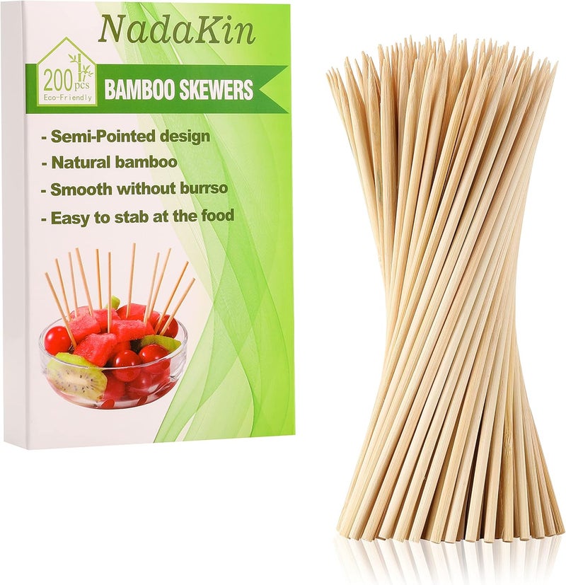 NadaKin 200 PCS Bamboo Skewers, 20 cm Wooden Skewer for Appetizers, Fruit, Kebabs, Grilling Barbecue, Mini Burger, Sausage, Cocktail Picks for Drinks, Long Toothpicks, Food Sticks Natural, Kitchen Gadget - Image 1