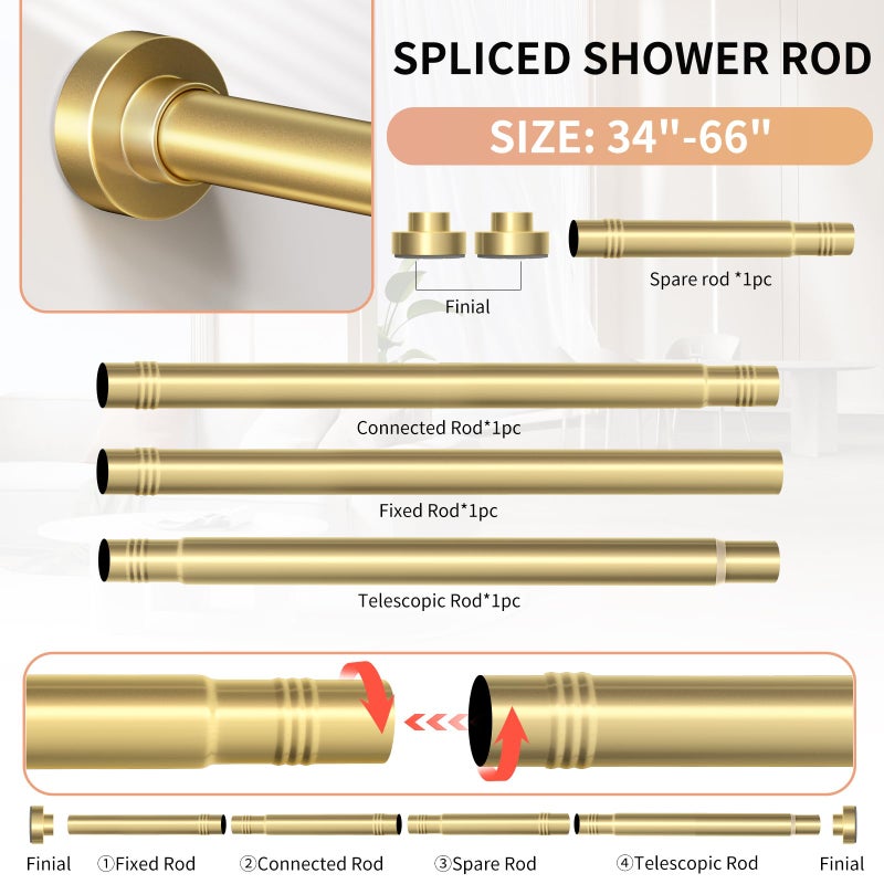 Emlaoe Gold Shower Curtain Rod 34-66 Inches(2.8-5.5ft) Never Rust Adjustable Shower Rod Spring Tension Non Slip No Drilling Shower Rods for Bathroom Garland Window - Image 5
