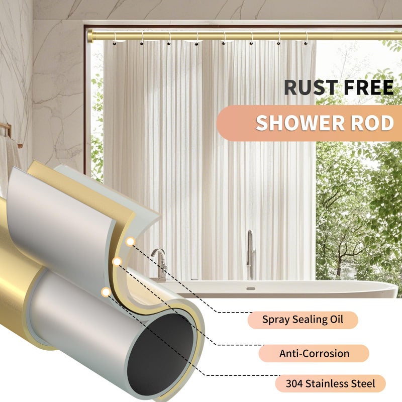 Emlaoe Gold Shower Curtain Rod 34-66 Inches(2.8-5.5ft) Never Rust Adjustable Shower Rod Spring Tension Non Slip No Drilling Shower Rods for Bathroom Garland Window - Image 3