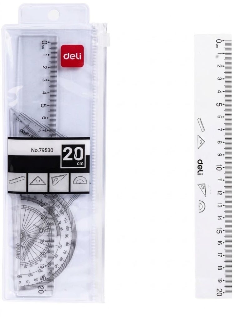 Deli 4-Piece Mathematical Geometry Ruler Set (20 cm) - High-Precision Transparent Drafting & Measuring Tool Kit with Straight Ruler, Protractor & Set Squares for Students, Teachers & Office Use - Image 1