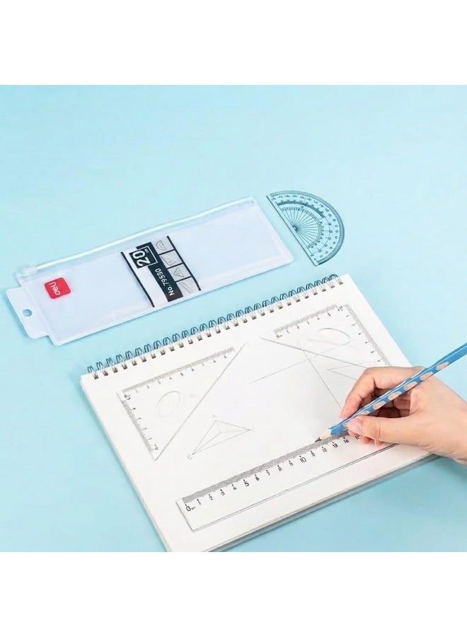 Deli 4-Piece Mathematical Geometry Ruler Set (20 cm) - High-Precision Transparent Drafting & Measuring Tool Kit with Straight Ruler, Protractor & Set Squares for Students, Teachers & Office Use - Image 2