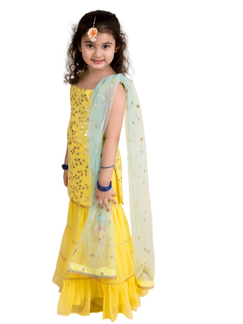 Pspeaches Girls Embroidered Georgette Sleeveless Square Neck Kurti And Sharara With Dupatta 3 Piece Set|Ethnic Wear For Kids Girls|Traditional & Festive Outfit 7-8 Year Yellow - Image 5