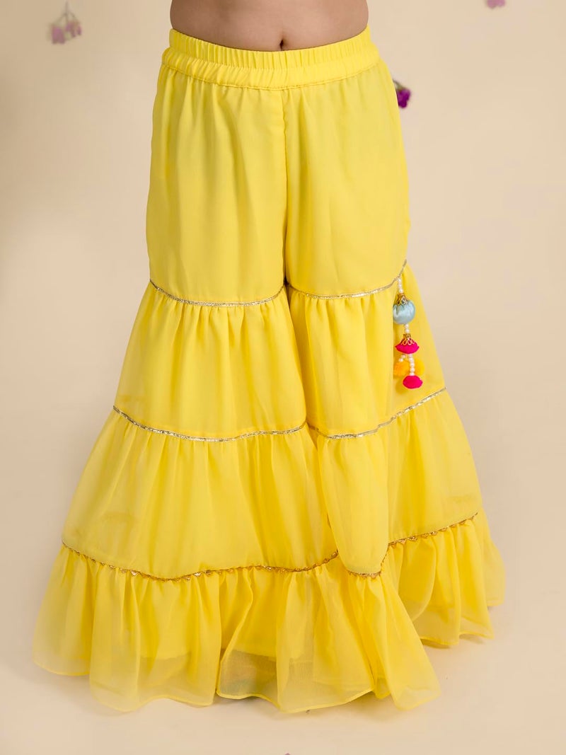 Pspeaches Girls Embroidered Georgette Sleeveless Square Neck Kurti And Sharara With Dupatta 3 Piece Set|Ethnic Wear For Kids Girls|Traditional & Festive Outfit 7-8 Year Yellow - Image 3