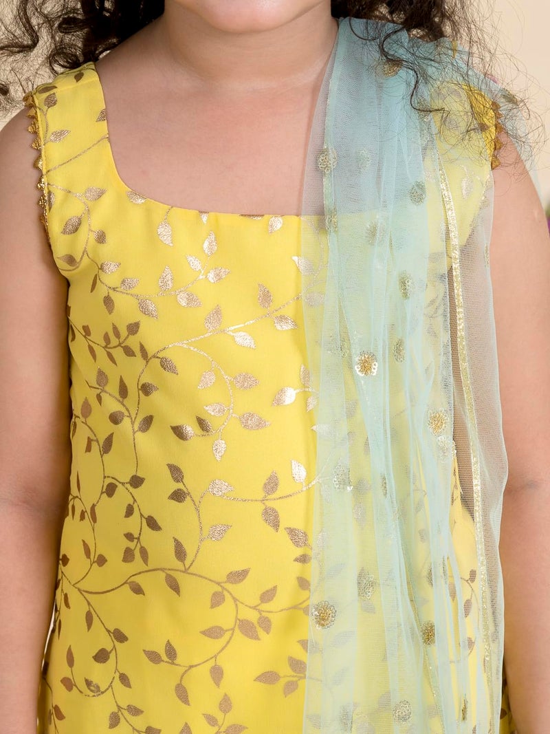 Pspeaches Girls Embroidered Georgette Sleeveless Square Neck Kurti And Sharara With Dupatta 3 Piece Set|Ethnic Wear For Kids Girls|Traditional & Festive Outfit 7-8 Year Yellow - Image 2