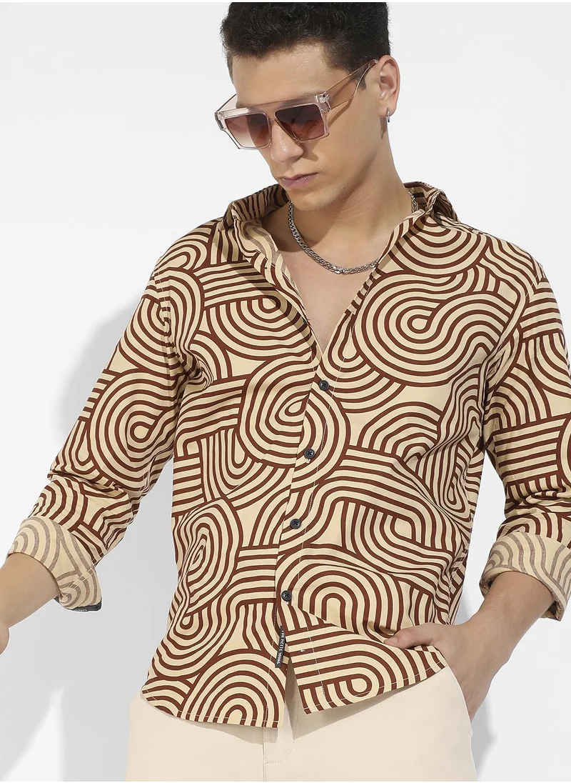 Campus Sutra Men's Beige & Brown Contrast Lines Shirt