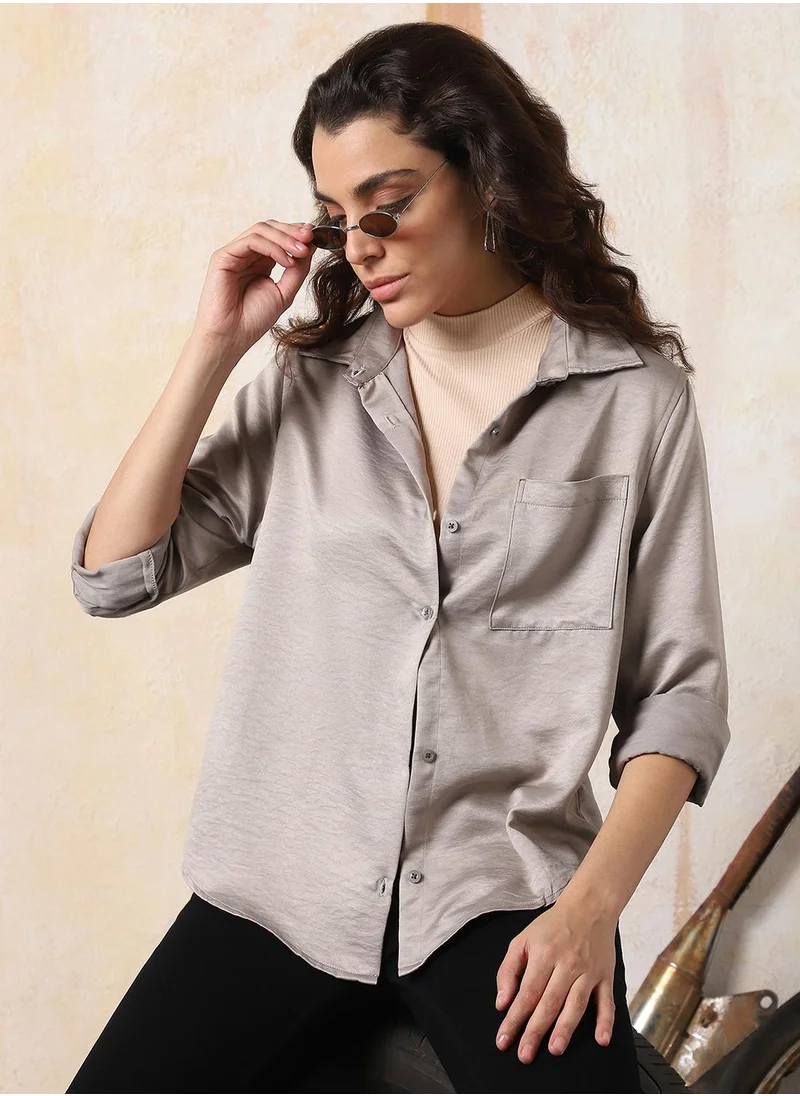 HIGH STAR Stay effortlessly stylish with this comfortable Light Grey Boxy Fit Shirts Solid design crafted from 100% Polyester featuring Long Sleeves with Button closure.