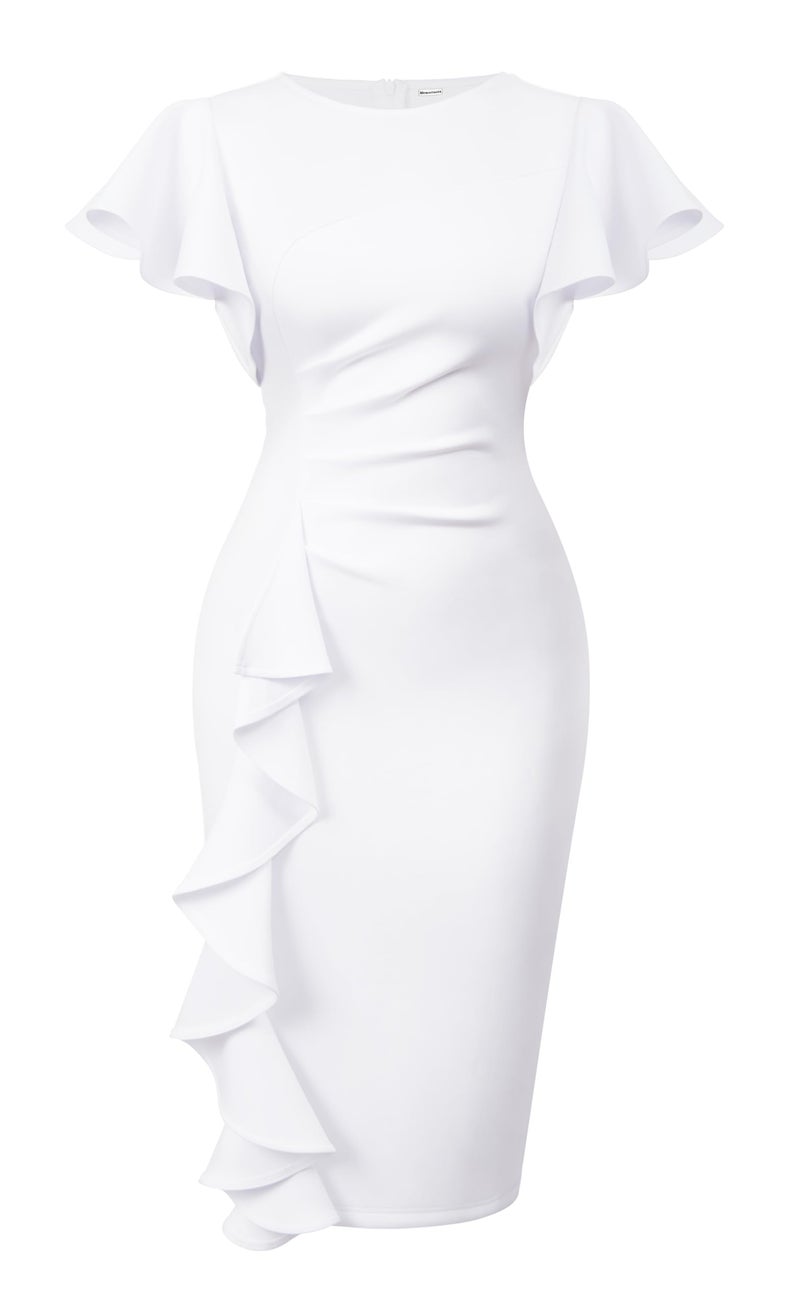 Memoriesea Women's Vintage Church Ruffle Sleeve Ruched Bodycon Work Midi Pencil Dress White - Image 1