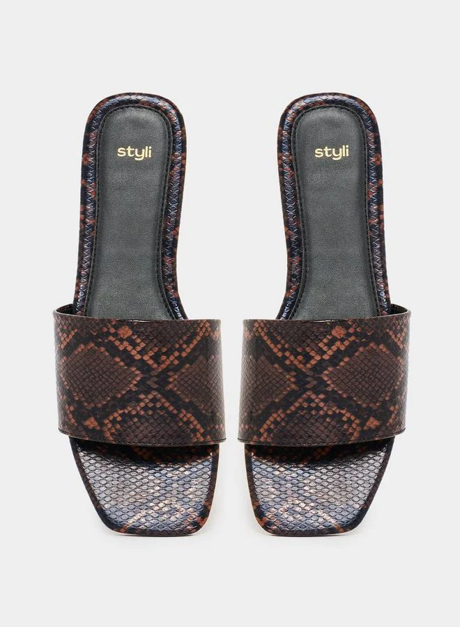 Styli Snakeskin Print Flat Sandals