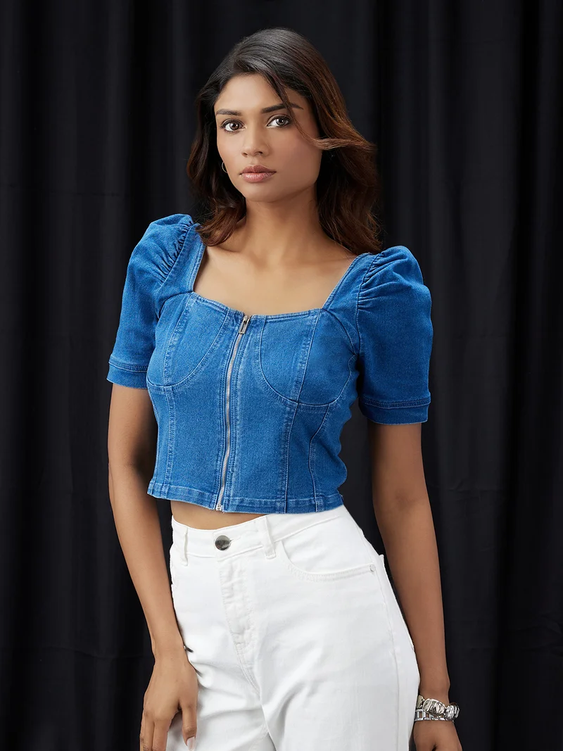 globus Women Navy Blue Square Neck Puff Sleeves Denim Corset Top