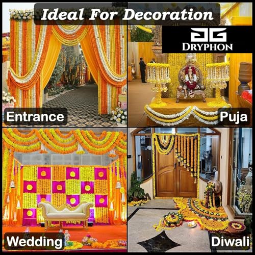 DRYPHON Marigold Garlands Decoration with Bell, Artificial Flowers for Decorations Hanging Garlands for Home Decorations, Ganpati Decoration/Diwali Decoration for Home Decor- (Orange, Pack of 10) - Image 4