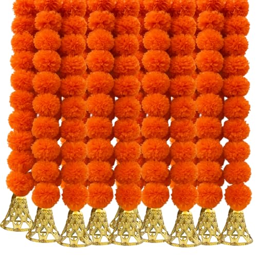 DRYPHON Marigold Garlands Decoration with Bell, Artificial Flowers for Decorations Hanging Garlands for Home Decorations, Ganpati Decoration/Diwali Decoration for Home Decor- (Orange, Pack of 10) - Image 1
