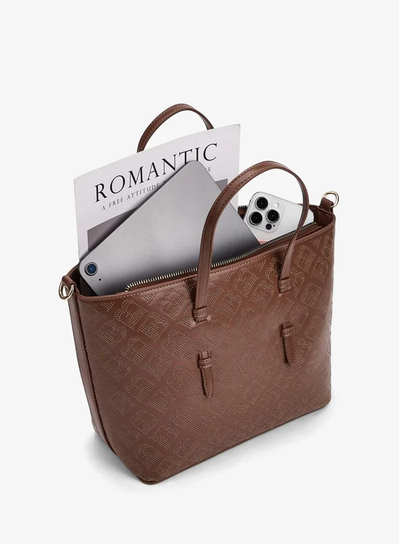 Flora Bella By Shoexpress BEIGE Flora Bella Monogram Textured Tote Bag with Detachable Strap for Women | Best Price UAE