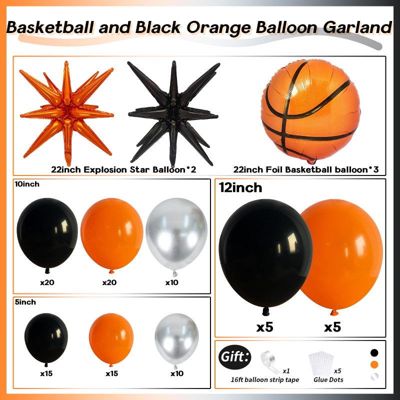 Paeyeq Basketball Balloon Arch Kit  111Pcs Orange And Black Silver Balloons Garland Kit With Explosion Star Balloons  Sports Balloons Kit For Boys Birthday Baby Shower Sports Theme Decorations Supplies - Image 2