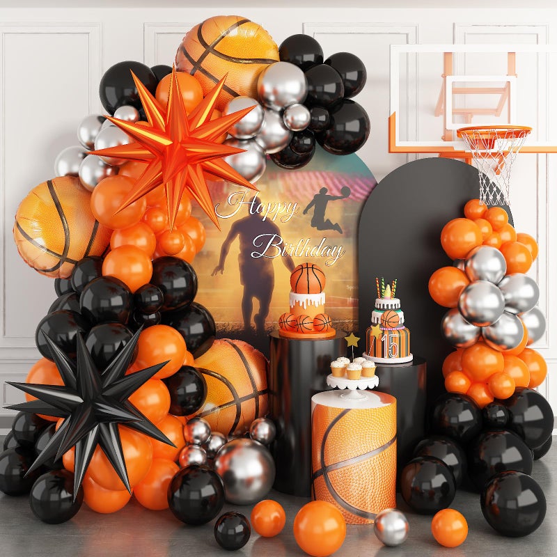 Paeyeq Basketball Balloon Arch Kit  111Pcs Orange And Black Silver Balloons Garland Kit With Explosion Star Balloons  Sports Balloons Kit For Boys Birthday Baby Shower Sports Theme Decorations Supplies - Image 1