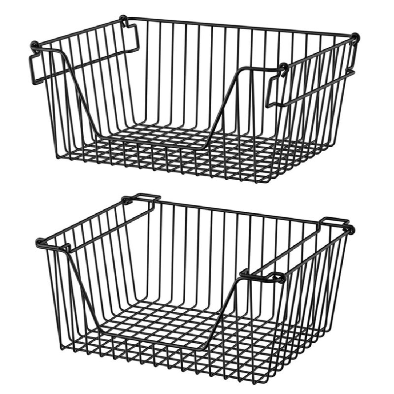 Slideep 14 Black Stackable Storage Baskets Sturdy Metal Wire Freezer Bins Cabinet Organizer for Pantry Home Bathroom Kitchen Organization Set of 2