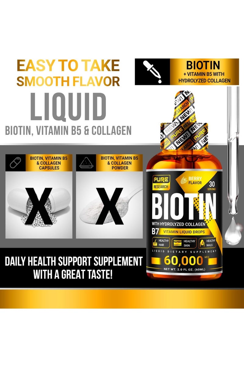 PURE RESEARCH Liquid biotin and collagen hair growth drops collagen supplements for women and men supports glowing skin healthy hair and nail growth 2oz - Image 2