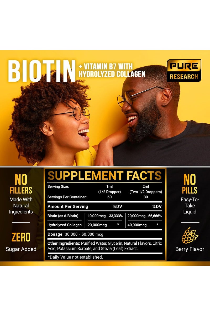 PURE RESEARCH Liquid biotin and collagen hair growth drops collagen supplements for women and men supports glowing skin healthy hair and nail growth 2oz - Image 4