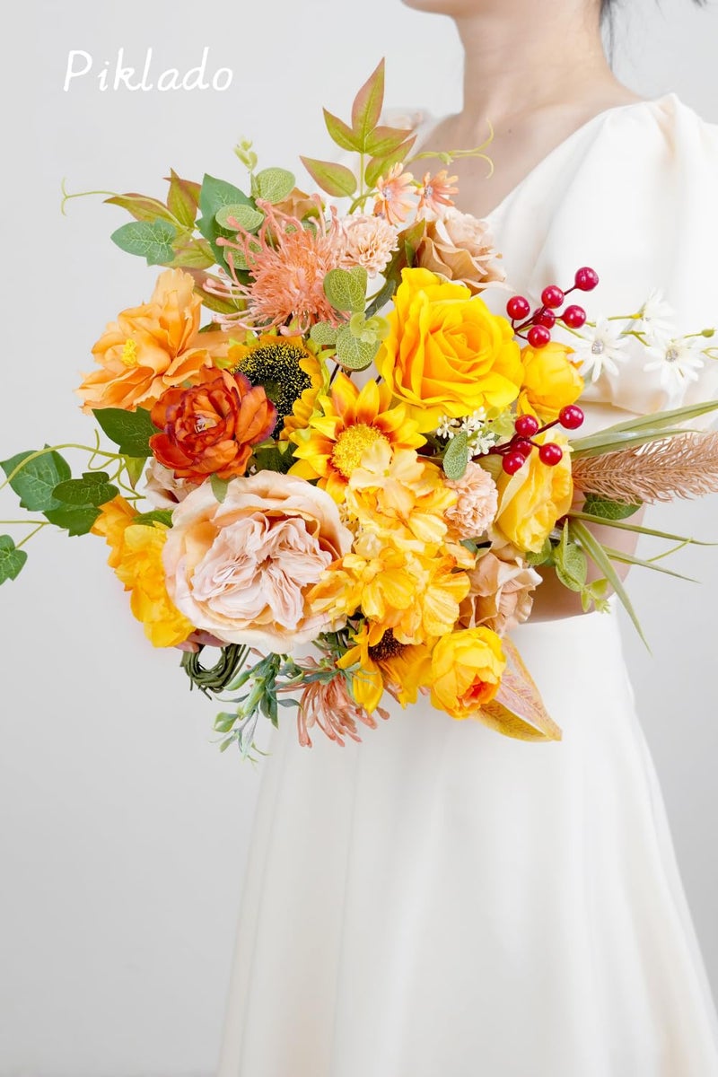 Piklado Artificial Flower Combination Box Set Artificial Flower Loose Leaves and Stems DIY Wedding Center Bouquet Bride Wedding Baby Shower(Orange Yellow) - Image 2