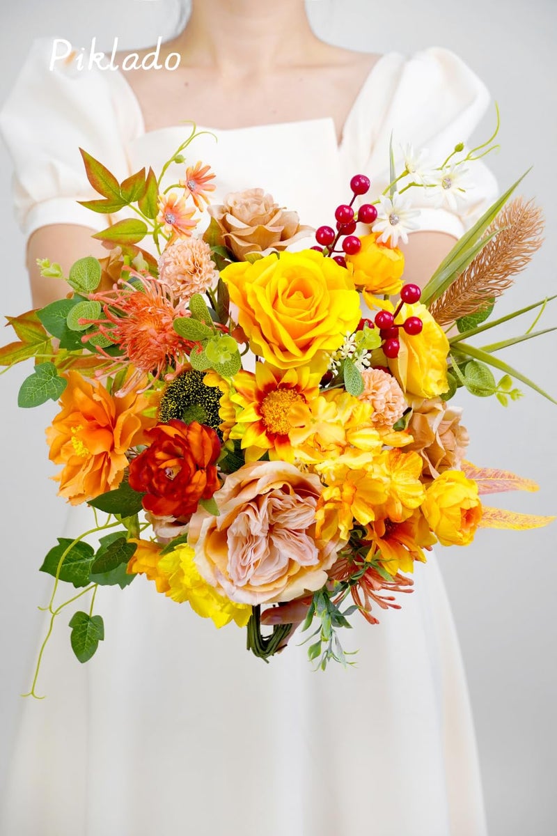 Piklado Artificial Flower Combination Box Set Artificial Flower Loose Leaves and Stems DIY Wedding Center Bouquet Bride Wedding Baby Shower(Orange Yellow) - Image 3