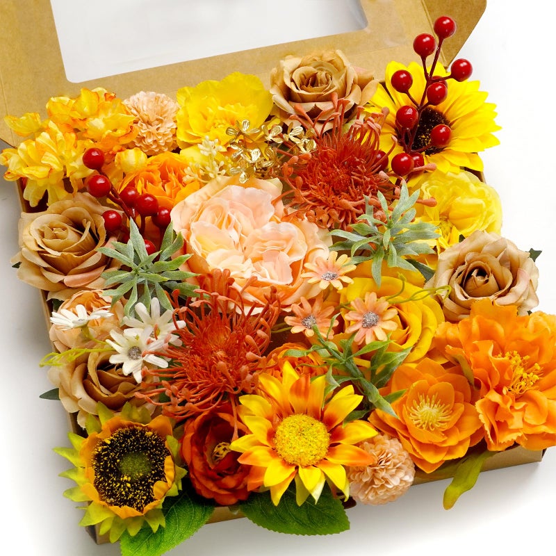 Piklado Artificial Flower Combination Box Set Artificial Flower Loose Leaves and Stems DIY Wedding Center Bouquet Bride Wedding Baby Shower(Orange Yellow) - Image 1