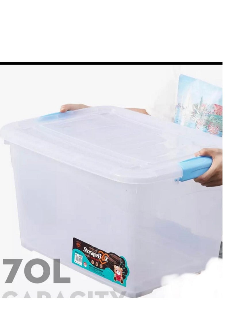 Generic Transparent plastic storage container with lid and handles, green, 70 litres 