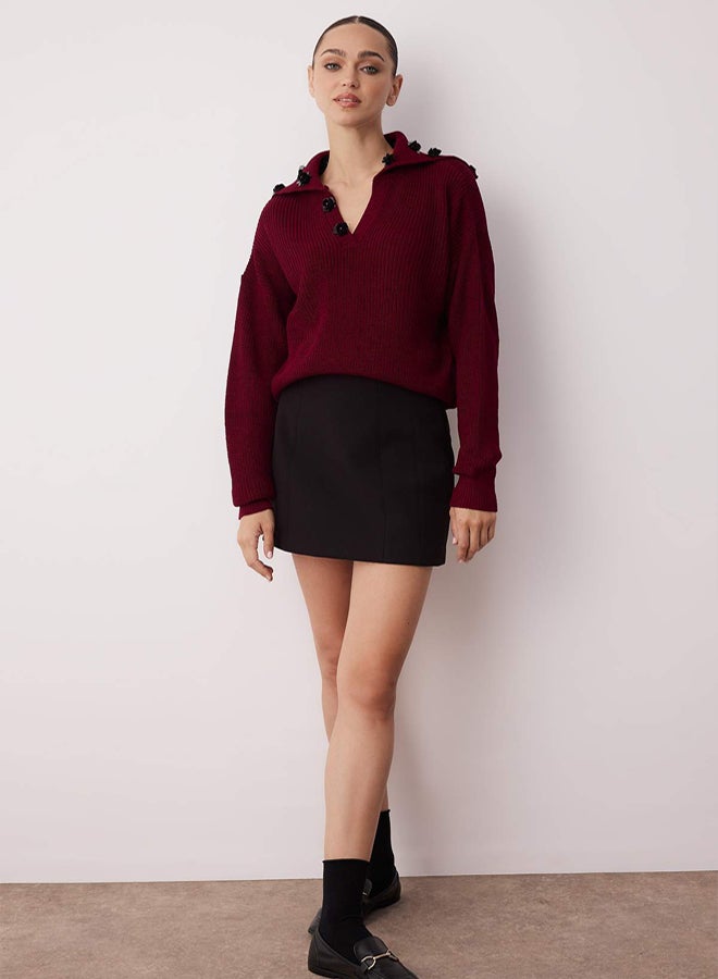 trendyol Burgundy Turn-Down Collar Rose Accessory Detailed Knitwear Sweater - Image 2