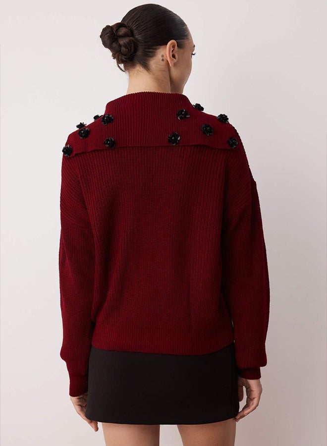 trendyol Burgundy Turn-Down Collar Rose Accessory Detailed Knitwear Sweater - Image 4
