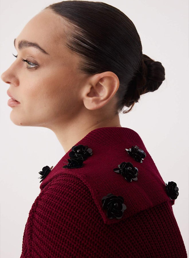 trendyol Burgundy Turn-Down Collar Rose Accessory Detailed Knitwear Sweater - Image 3