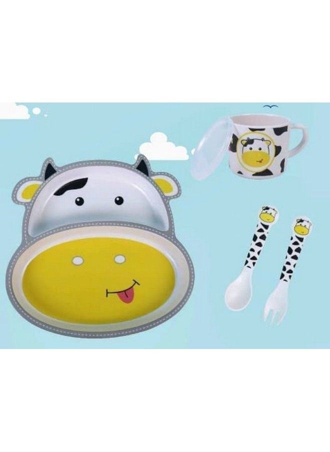 HS Enterprise - Cow Face Bamboo Baby Tableware Set Eco Friendly Bamboo Fiber Dinner Set For Weaning Toddlers;Kids Set Of Plate Bowl Cup Fork And Spoon;Baby Feeding Utensils For Kids (Cow Small) - Image 1