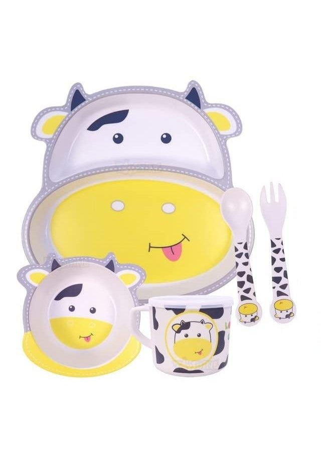 HS Enterprise - Cow Face Bamboo Baby Tableware Set Eco Friendly Bamboo Fiber Dinner Set For Weaning Toddlers;Kids Set Of Plate Bowl Cup Fork And Spoon;Baby Feeding Utensils For Kids (Cow Small) - Image 1